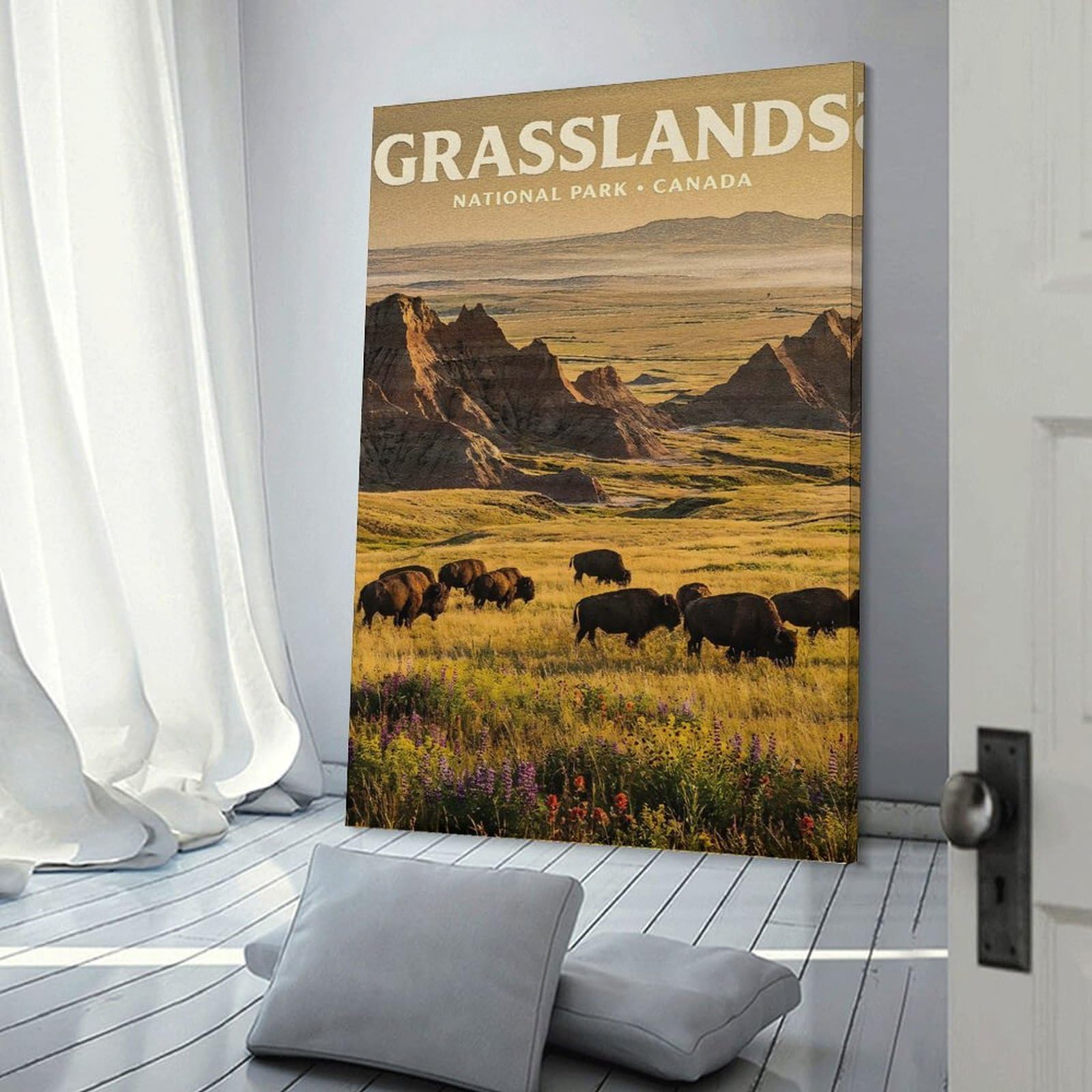 Junmoney Wall Picture Print Grasslands National Park Bison Landscape, 24x36inch(60x90cm), for Workspace Walls, Study Corners Or Bedrooms, A Smart Decor Choice for Study Walls