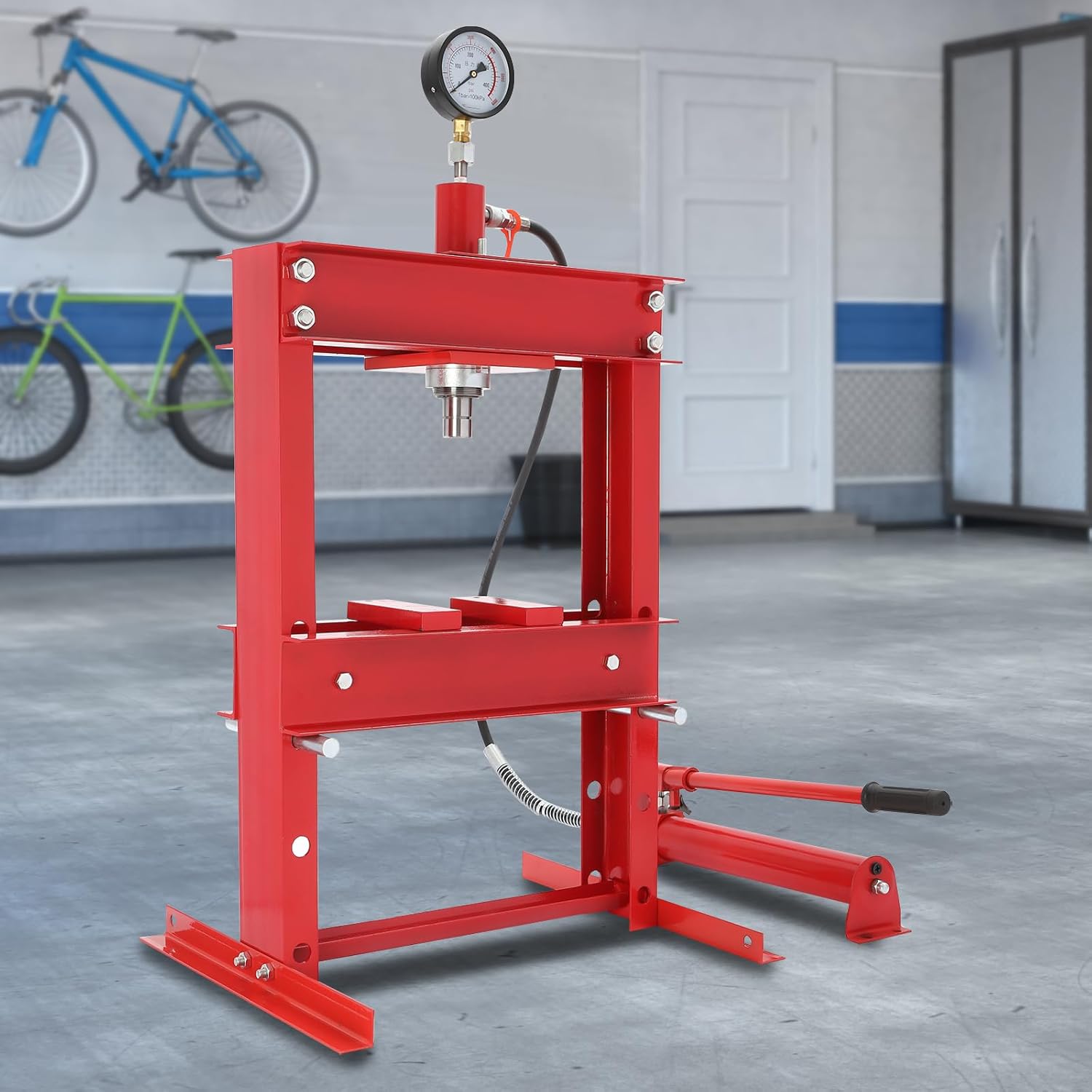 10 Ton Hydraulic Shop Press, Heavy Duty Benchtop Hydraulic Shop Press, Adjustable Working Table Height, Pressure Gauge with Plates for Basement Workshops, for Automobile Repair Shops, Garages