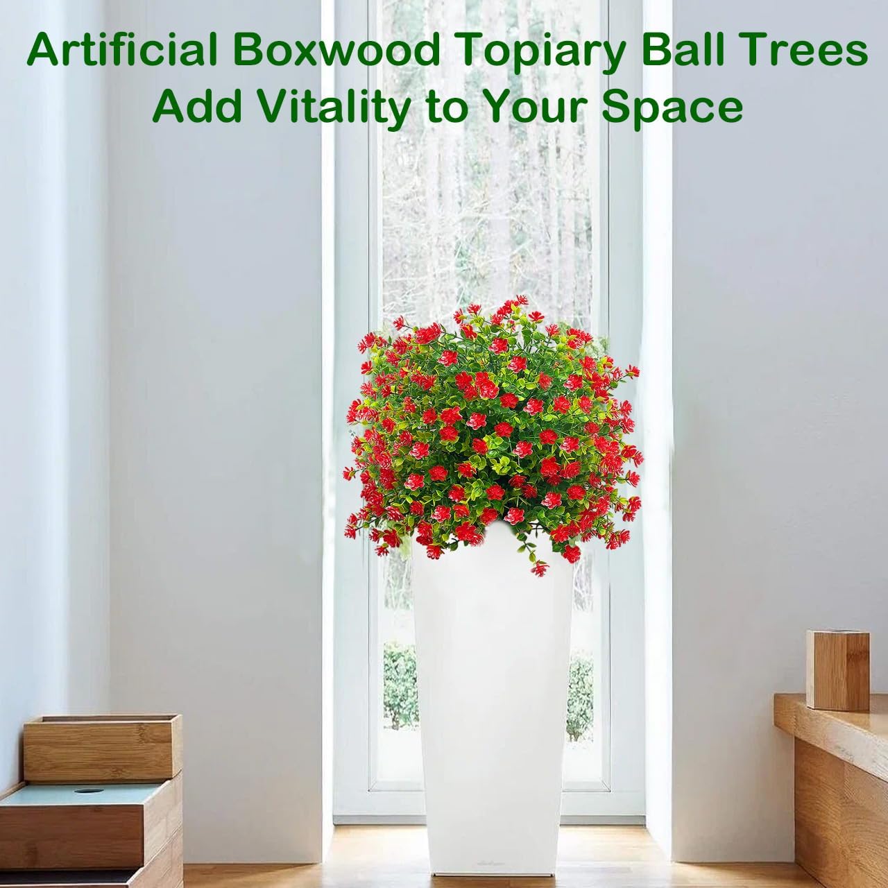 Set of 2 Artificial Boxwood Topiary Ball Trees with Red Flowers for Outdoor with Ground Spike 23",UV Resistant Faux Shrubs Fake Evergreen Trees for Potted,Balcony,Garden,Spring Decor - Image 4