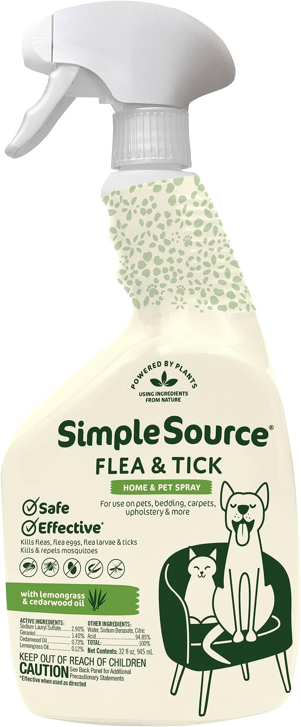 SimpleSource® Flea & Tick Home & Pet Spray, Powered by Plants, Kills Fleas, Flea Eggs, Flea Larvae, & Ticks, Kills & Repels Mosquitos, 32oz Bottle