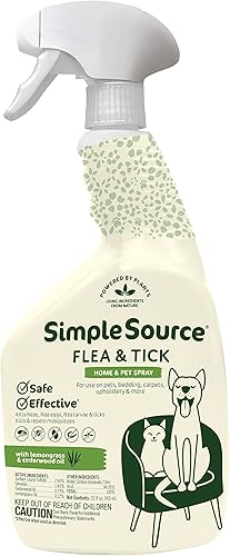 SimpleSource Spray para pulgas y garrapatas para el hogar y mascotas, alimentado por plantas, mata pulgas, huevos de pulgas, larvas de pulgas y
