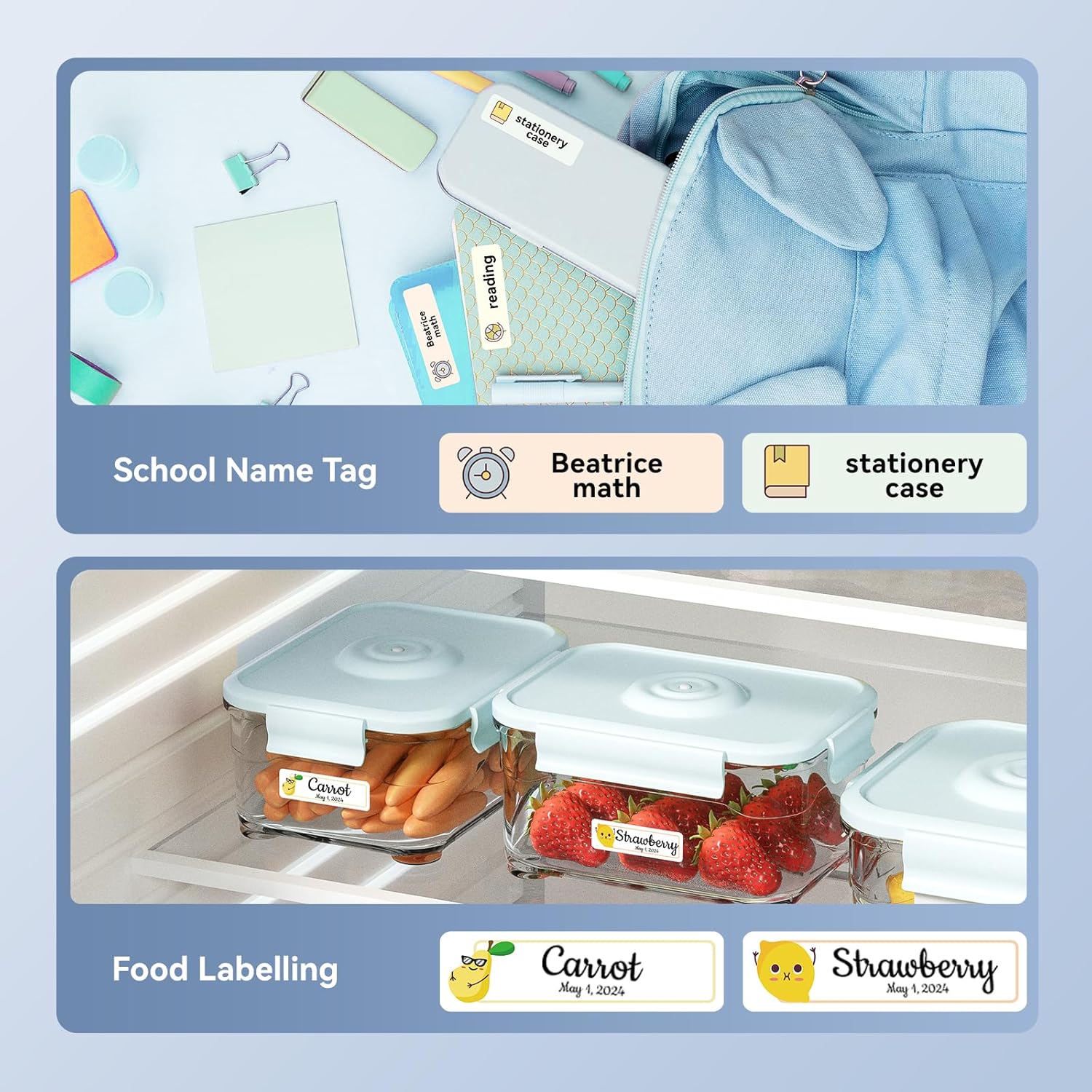 Examples of NIIMBOT D110 labels for school name tags and food labeling