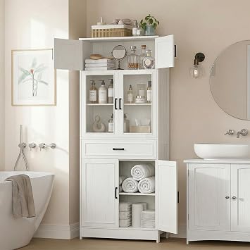 Unikito 80 Kitchen Pantry Cabinet with Glass Doors and Drawer Organizer