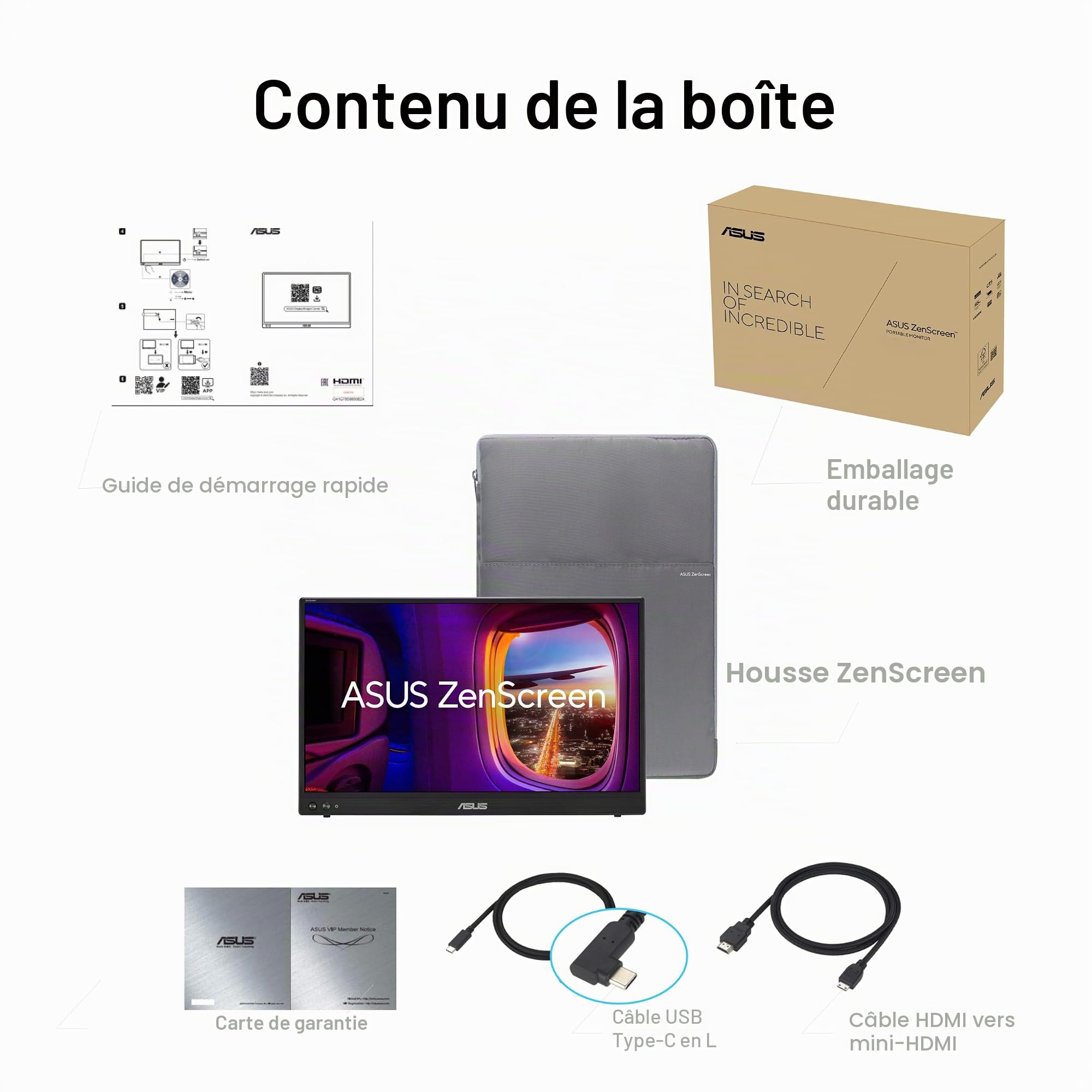 ASUS ZenScreen MB16AHVE - Écran portable 16 pouces (diagonale utile de 15,6 pouces), FHD, dalle IPS, alimentation par le câble, rotation automatique, trépied, USB Type-C®, mini-HDMI®, sans scintilleme