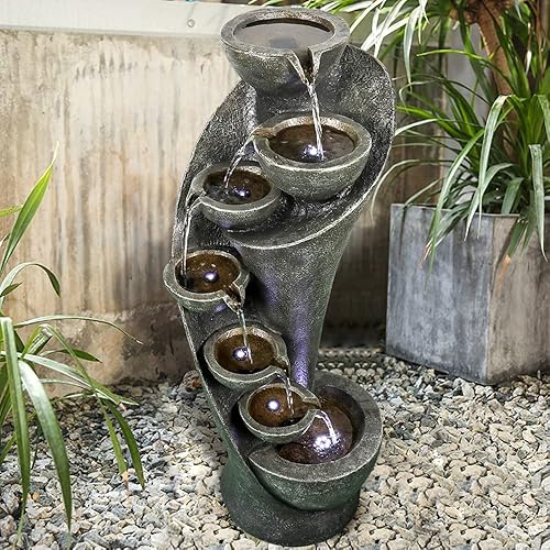 39Inch Outdoor Garden Fountain Waterfalls 7 Floor Bowls Curved Design with LED