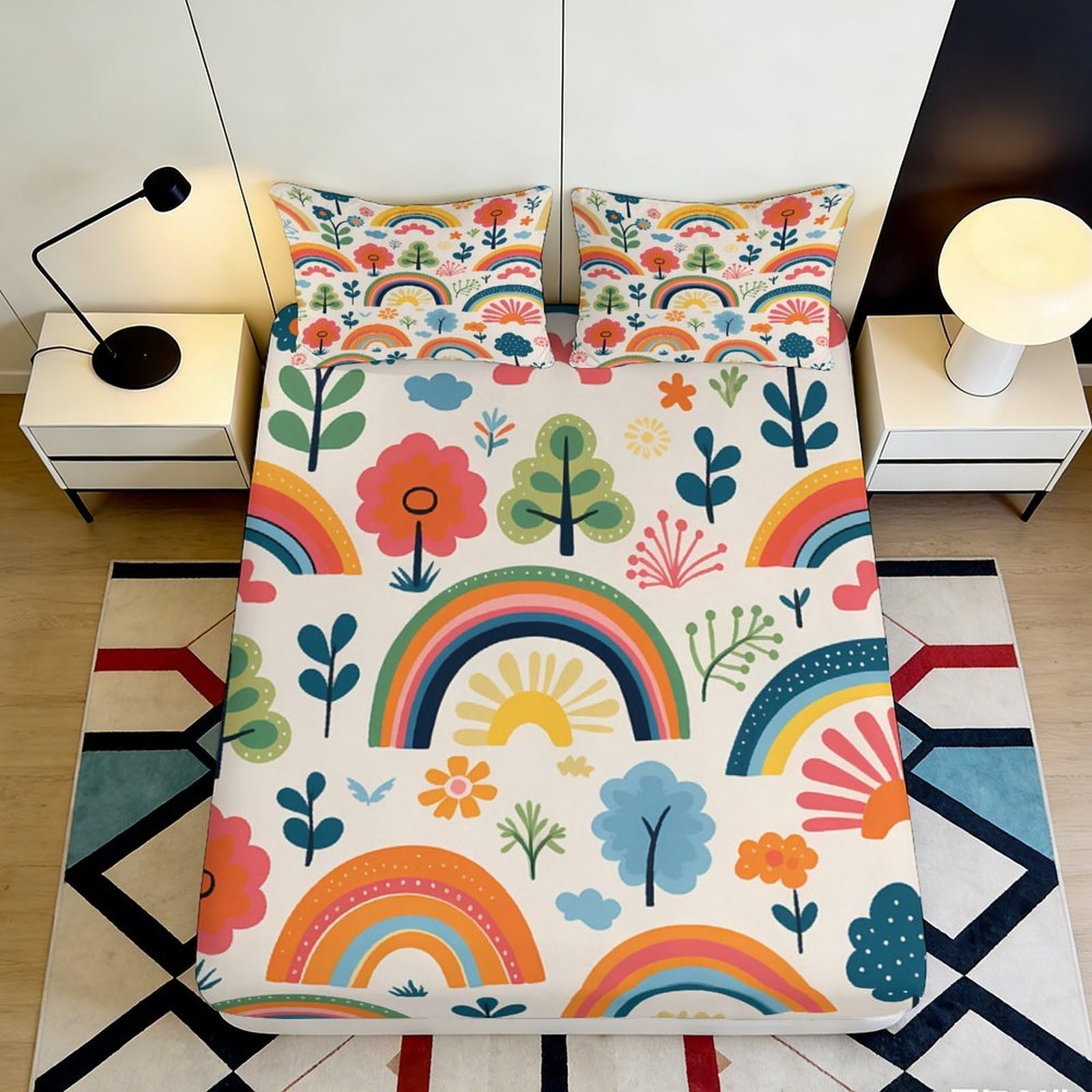 3D Printed Rainbow Forest Fitted Sheet Microfiber Colourful Botanical Mattress Cover for Bedroom Guest Room Decor 90x200x25cm