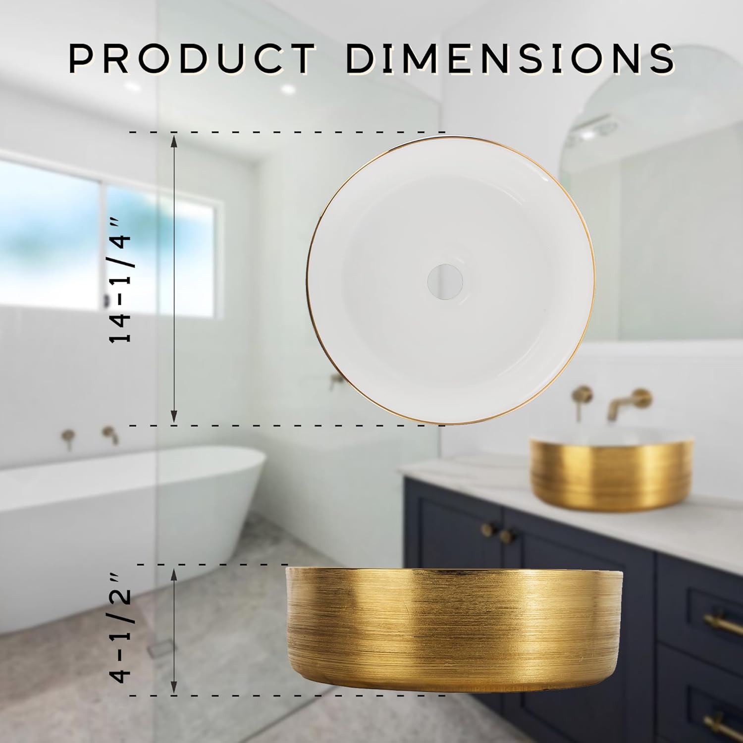 Strictly Sinks Round Gold Ceramic Luxury Vessel Sink - Modern Ceramic Countertop Bathroom Sink – Easy to Install Above Counter Luxurious Bathroom Vessel Sink