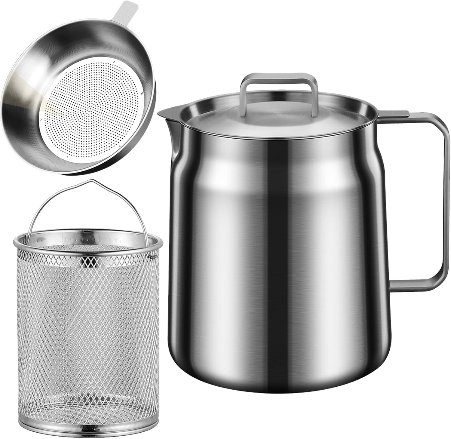 Stainless Steel Large Capacity Oil Fryer and Filter Cup Combo, Versatile Oil Filter Pot, Deep Fryer Pot with Basket, for Cooking Spaghetti, French Fries, Chicken, etc. (2.1 QT)