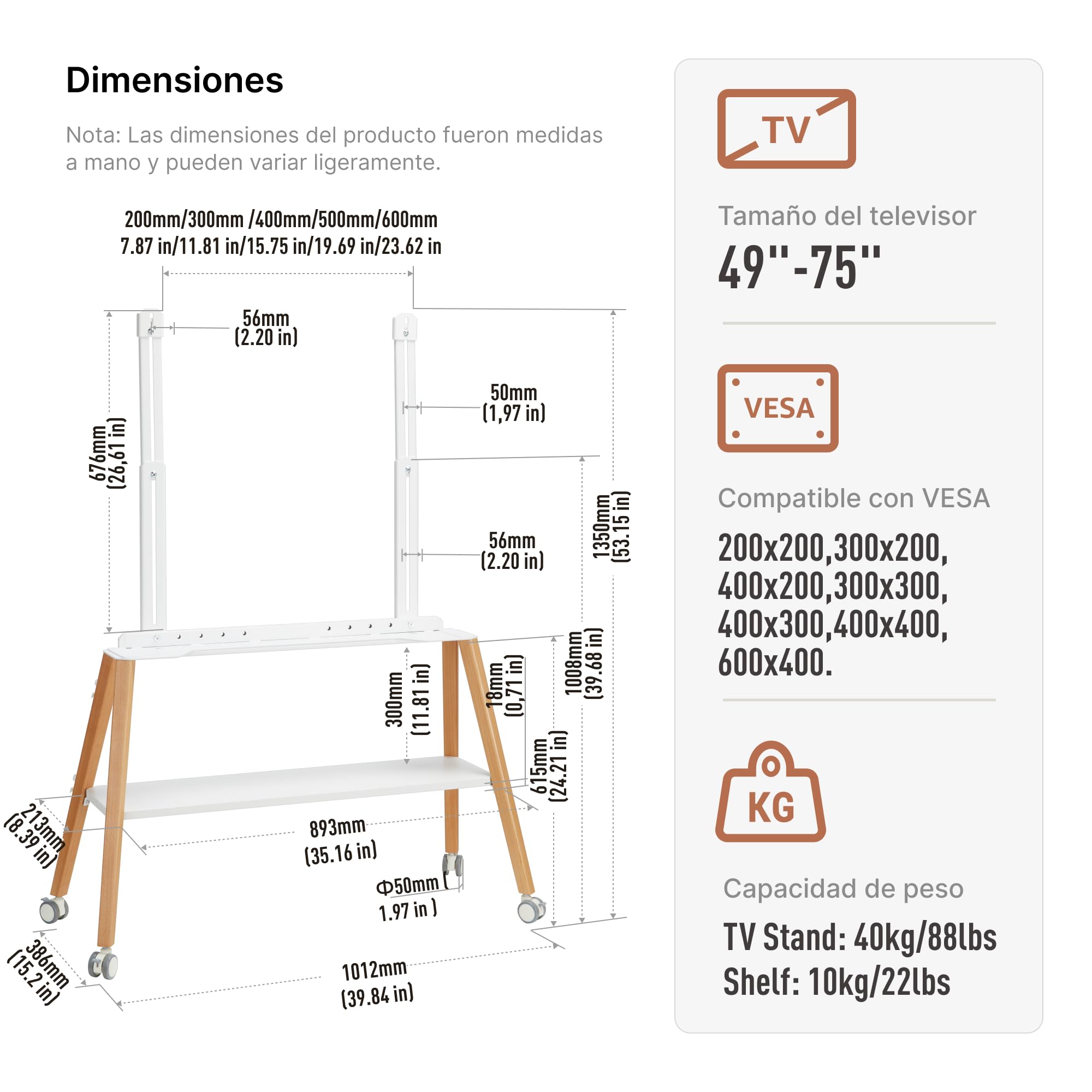 Soporte para TV con Ruedas para televisores de 49 a 75 Pulgadas | hasta 40 kg, diseño de caballete con estructura metálica y estante de madera, soporte de TV móvil con ruedas para tienda