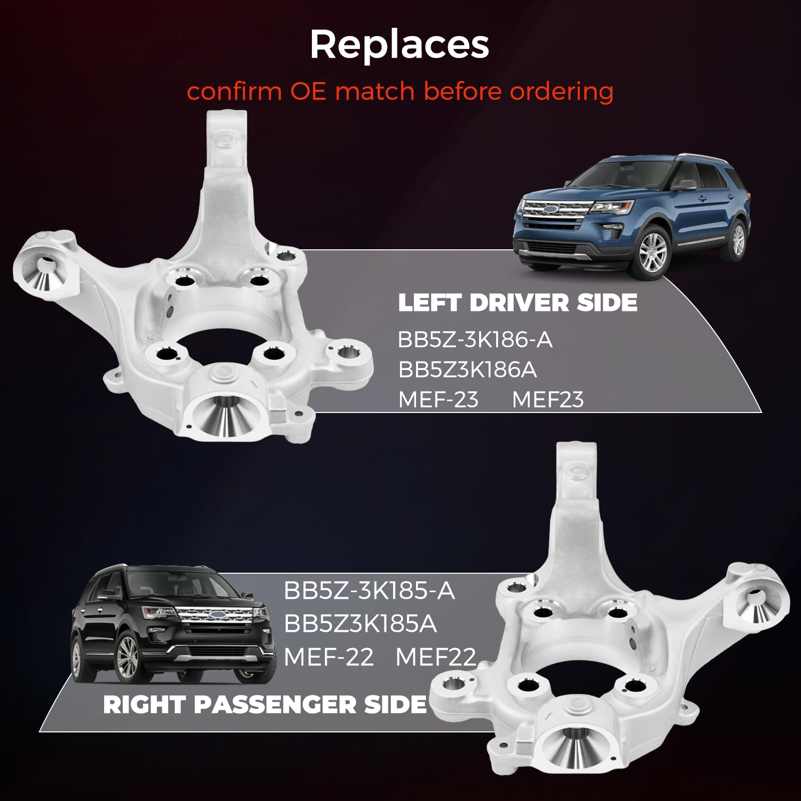 Nudillo de dirección lateral izquierdo para Ford Explorer 2011-2019 y Police Interceptor Utility 2013-2019 - Portador de eje delantero izquierdo, reemplaza MEF-23 BB5Z-3K186-A / BB5Z3K186A