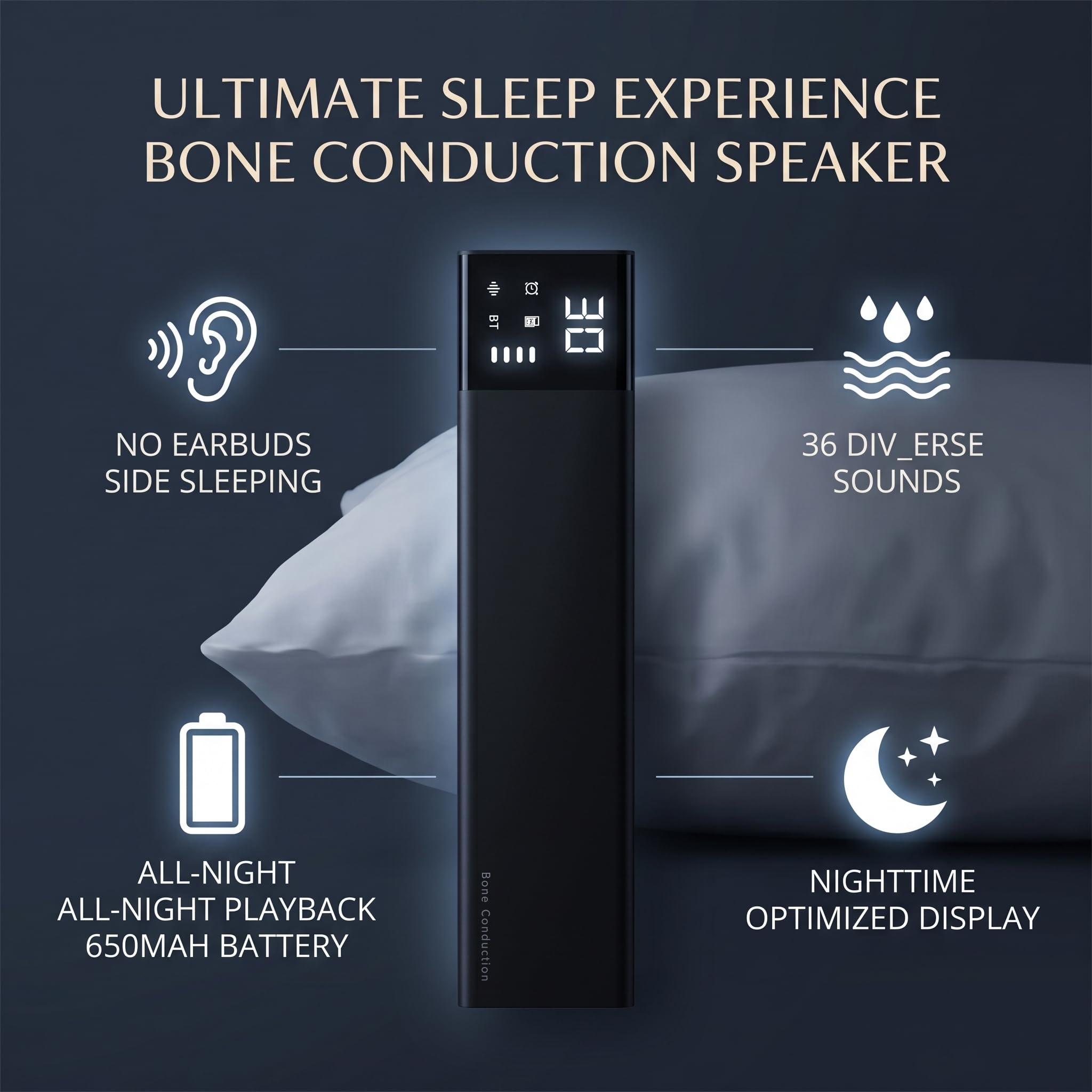 Timer di Rumore Bianco, Mini Altoparlante Bluetooth A Conduzione Ossea | Altoparlante a cuscino Bluetooth, 36 suoni rilassanti, display integrato, 650 mAh, Cuffie Per Podcast E Audiolibri