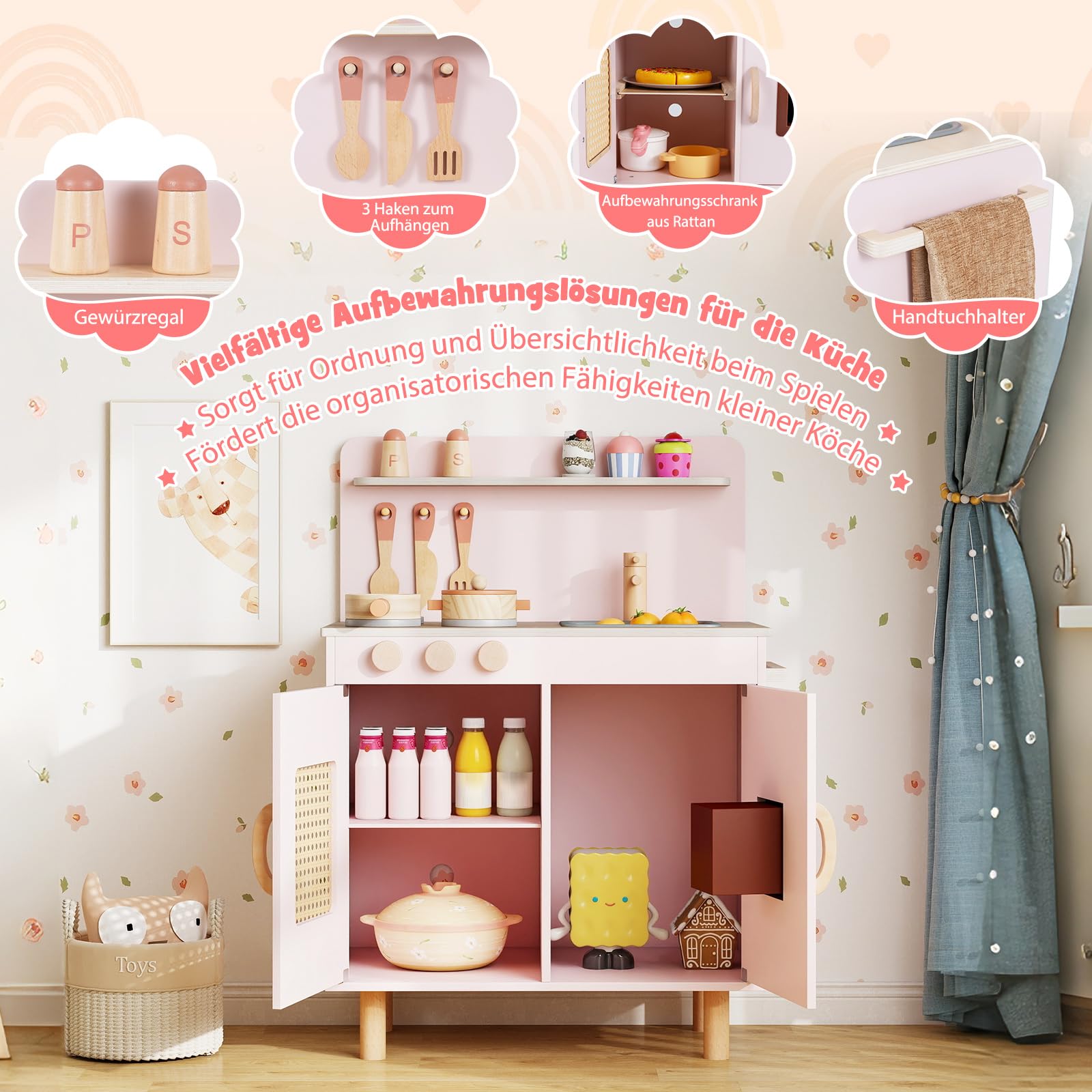 COSTWAY Kinderküche, Kinder Spielküche inkl. Zubehör mit Herd, Wasserspüle & Eismaschine, Spielzeugküche mit Stauraum, Holzküche für Jungen & Mädchen ab 2 Jahren (Rosa)