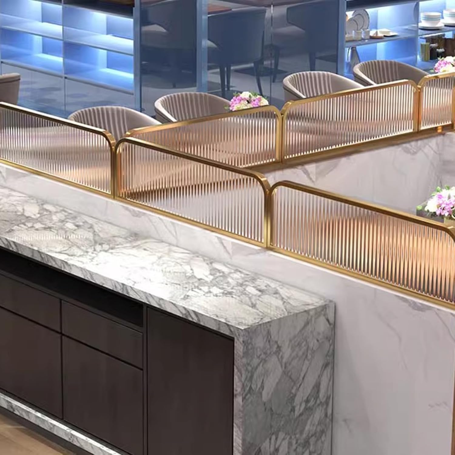 Glass Room Divider Office Partition Tempered Glass Panels Table Dividers Panels Partitions，Matte Gold Glass Partition Divider for Dining AreasStriped Restaurant Screen Hot Pot Countertop Hal