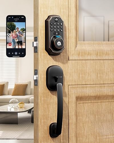 Keyless Entry Deadbolt with Handle Set - WiFi Smart Lock with Camera, 5-in-1 Camera+Doorbell+Fingerprint+Keypad, App Control, Auto Lock, Easy Install, Waterproof for Front Door（Black）