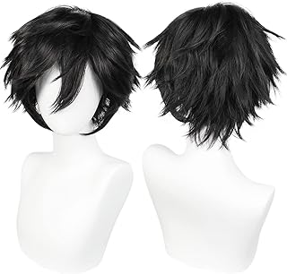 شعر مستعار اسود قصير للرجال بنمط انيمي - لون أسود مع غرة للحفلات التنكرية والهالوين