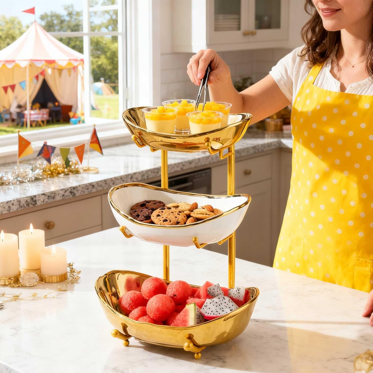 jessie 3 Tier Fruit Bowls for Kitchen Counter,Ceramic Large Fruit Basket Stand,Metal Fruit Serving Tray Snacks Nuts Cake Storage Holder (Gold 2)