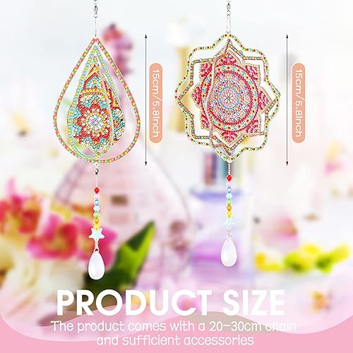 Miniatura 2 de Queekay 2 piezas de carillón de viento de diamante 3D, kit de atrapasoles tridimensional por número, adorno colgante de cristal de doble cara,