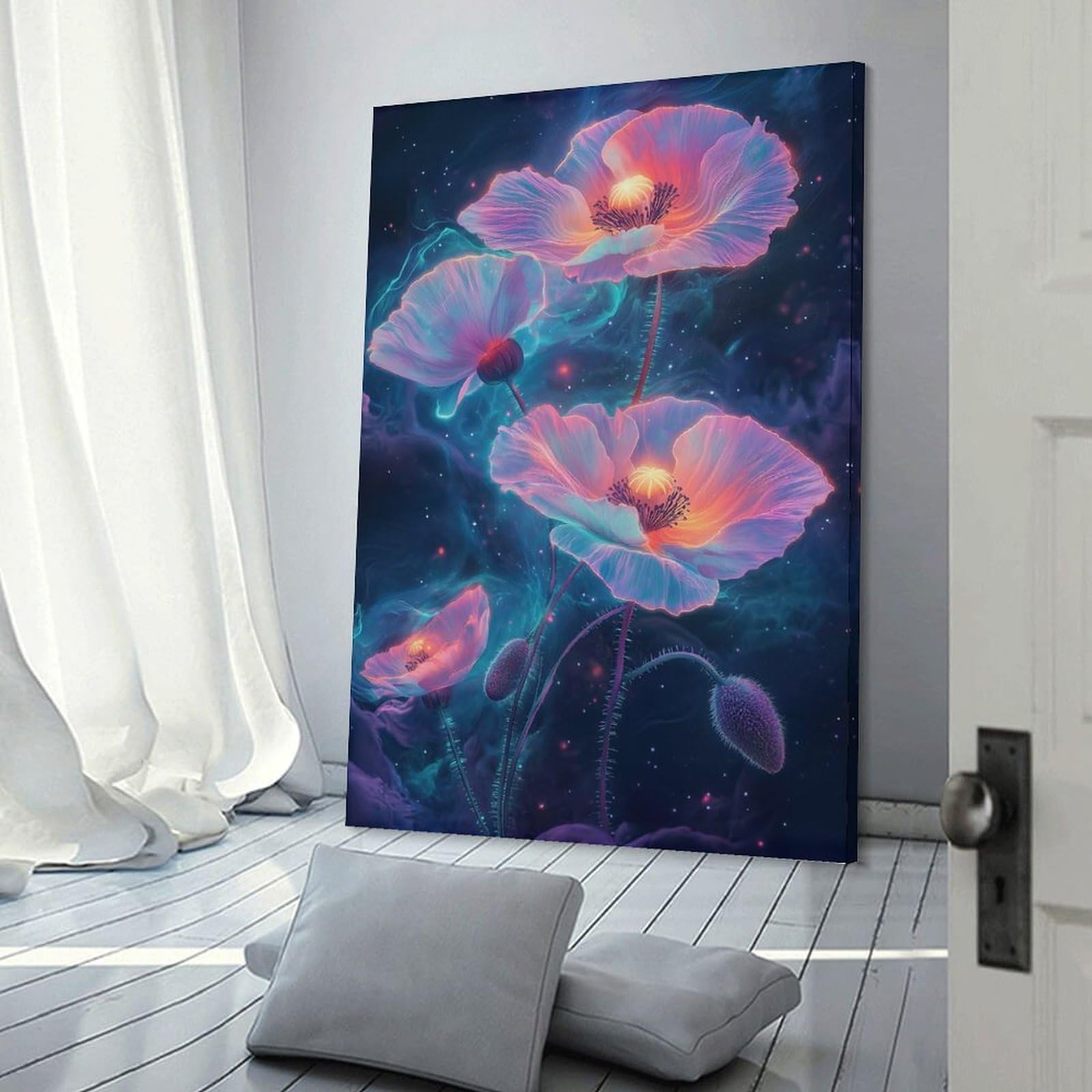 Junmoney Cosmic Poppies Florals Wall Decor Canvas Print, 20x30inch(50x75cm), for Bedroom, Lounge Or Dressing Area, Decorative Wall Art for Cosy Rooms