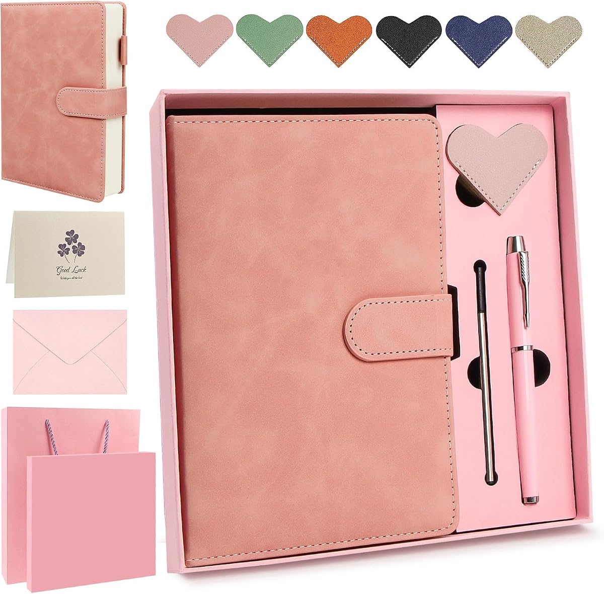A5 Leather Journal for Women Men, Hardcover Notebook Set with Pen, Pink | 360 Pages 100GSM Lined Paper, Includes 6 Heart Bookmarks, Gift Box & Bag. Birthday, Graduation, Christmas, Appreciation Gifts