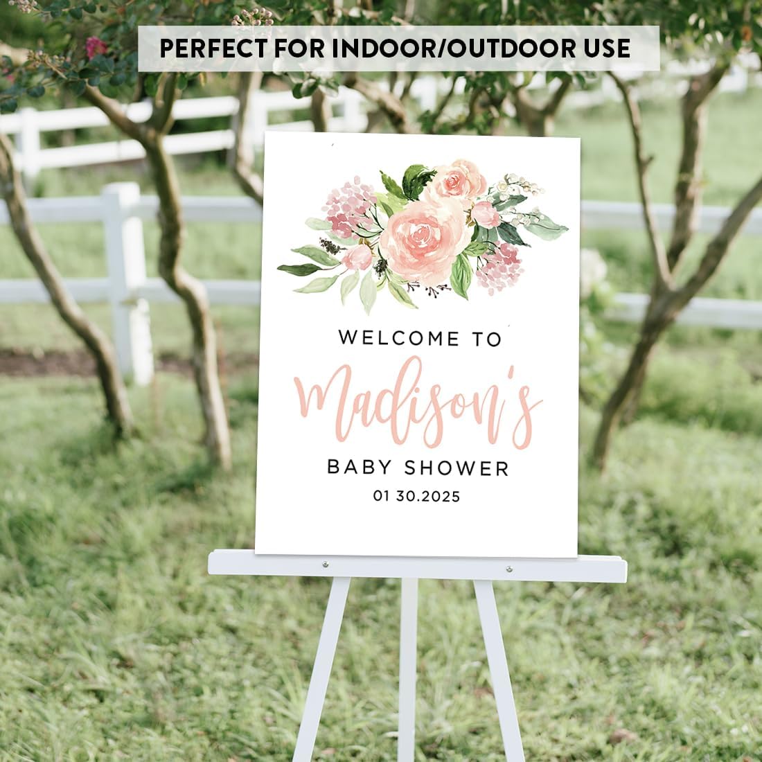 Andaz Press Personalized Large Canvas Baby Shower Welcome Sign, 16 x 20 Inches, Blush Pink Watercolor Florals, Guestbook Alternative, Custom Baby Shower Sign For Floral Baby Shower Baby Sprinkle Theme