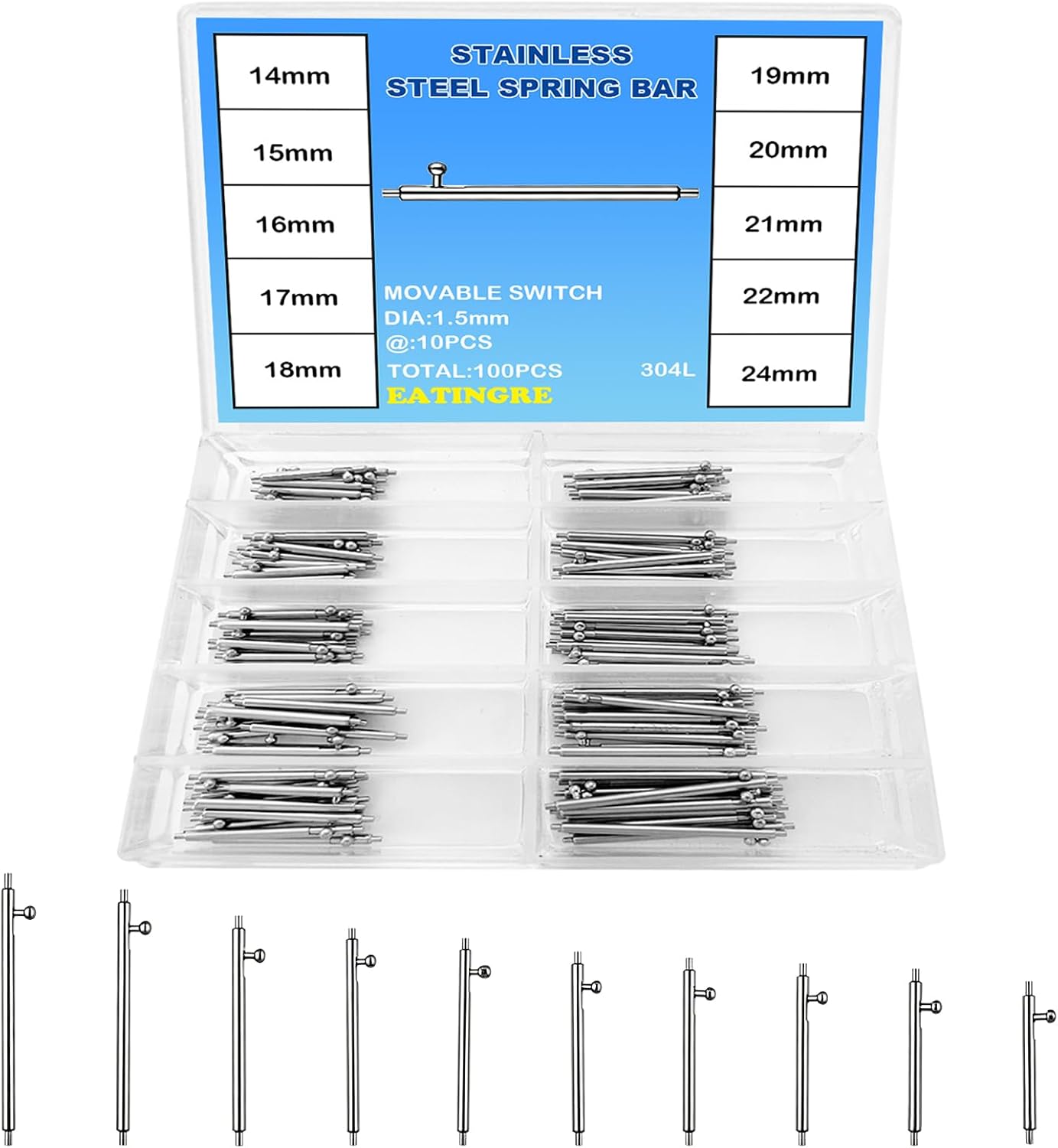 100-Pack Quick Release Spring Bars, 14-24mm Watch Band Pins