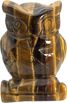 Fekuar Natural Tigers Eye Stone Owl Bird Statue, Hand Carved Reiki Healing Crystal Animal Figurines Pocket Palm Stone Home Decoration 1.5 inches