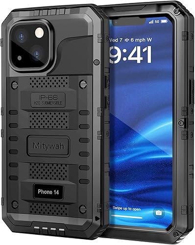 Miniatura 31 de Mitywah Funda impermeable para iPhone 14, resistente a prueba de golpes, con protector de pantalla integrado, funda de metal de protección submarina