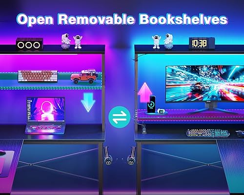 Miniatura 6 de AODK Escritorio en forma de L para juegos con luz LED y toma de corriente, escritorio reversible en forma de L de 53 pulgadas con estante,