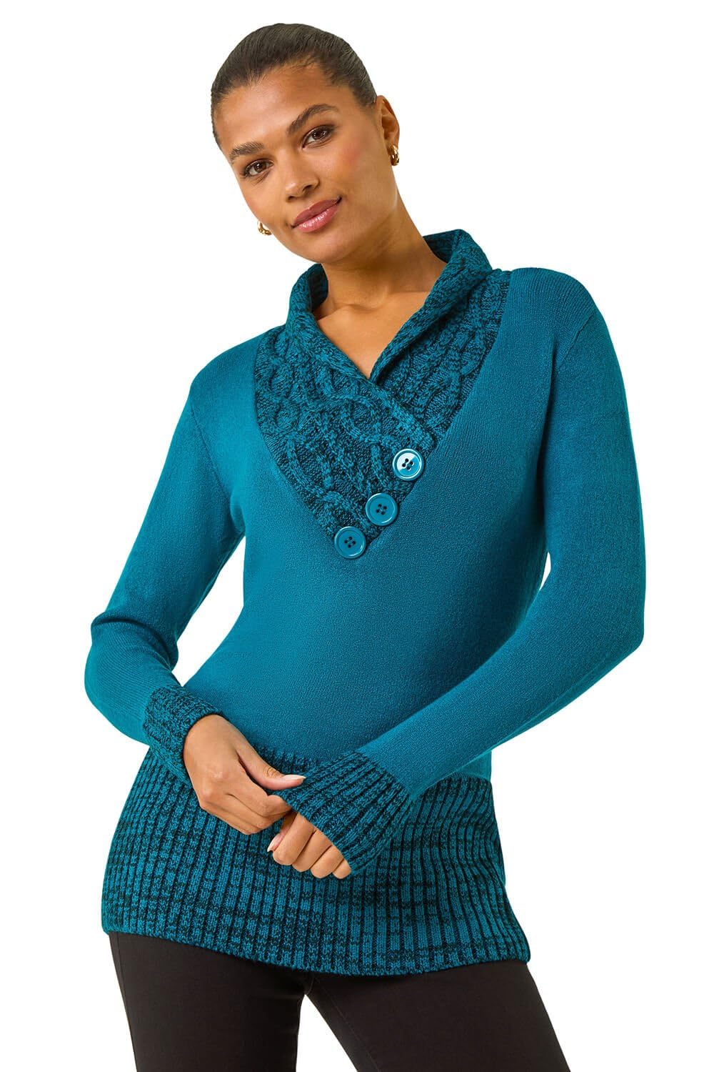 Roman Women's Teal V-Neck Overlap Button Detail Longline Jumper