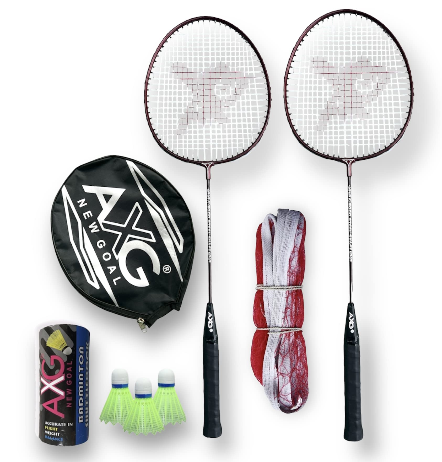 Scratch Resistant A-2000 Badminton Racquets Set Of 2 With 3 Plastic Shuttles And Net Badminton Kit (Maroon)