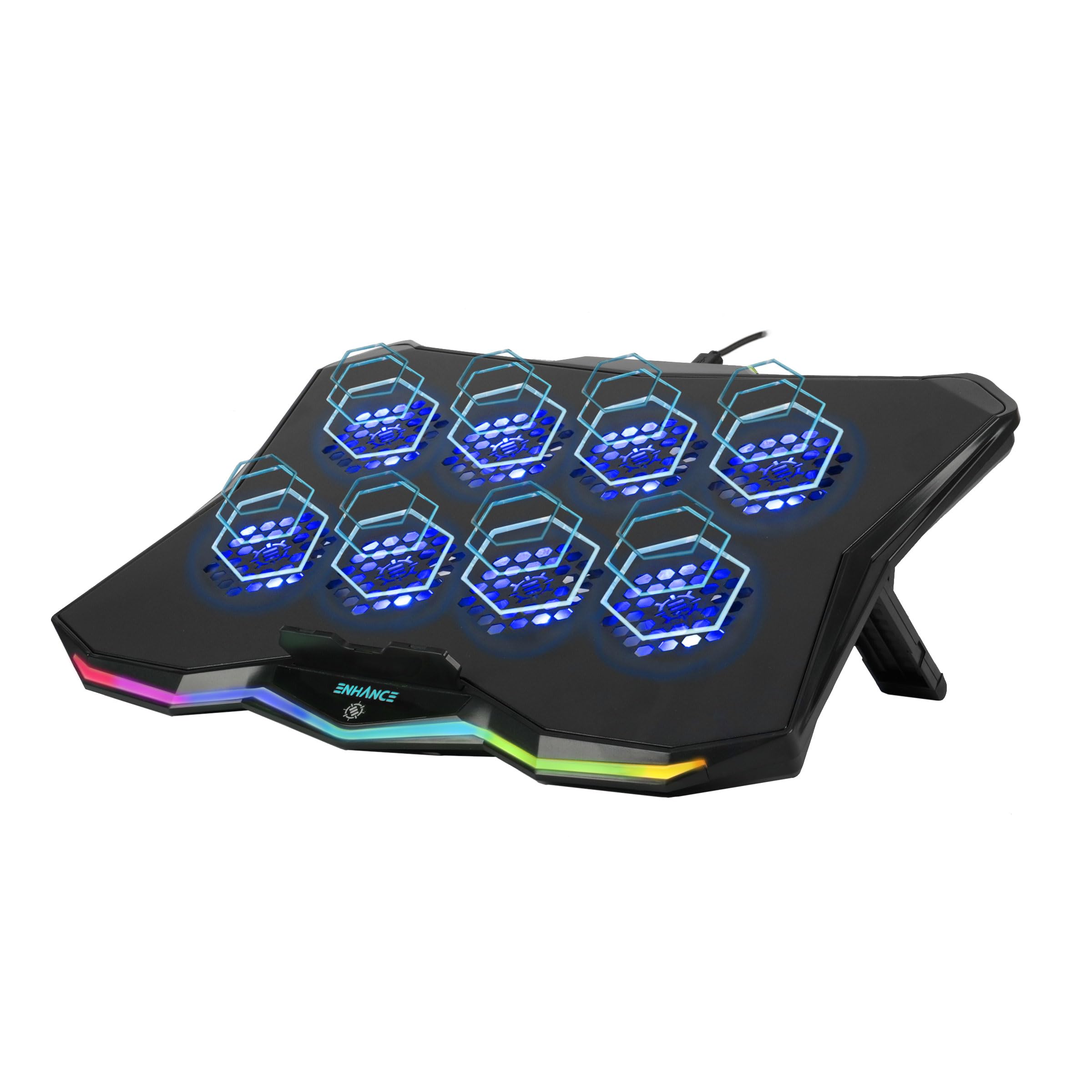 ENHANCE Infiltrate 3 Support de Refroidissement pour Ordinateur Portable avec Lumières RVB - Support de Jeu avec 8 Ventilateurs Ultra-Silencieux, 7-Angles Réglables, Double Hub USB, Métal