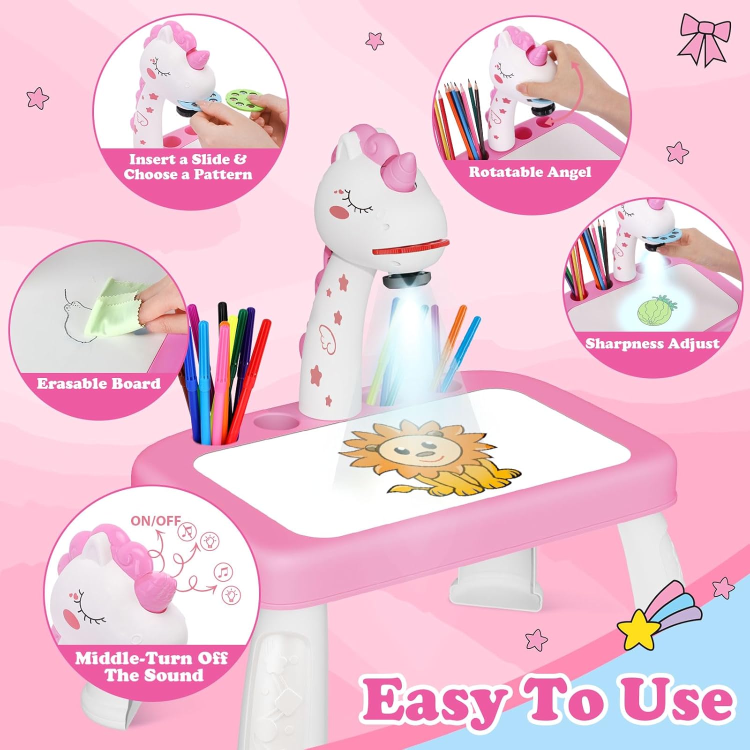 Drawing Projector for Kids with Art Supplies - Includes Drawing Board, Crayons & Coloring Book - Unicorns-Themed Art & Craft Toy for Girls Ages 3-5 Year Old