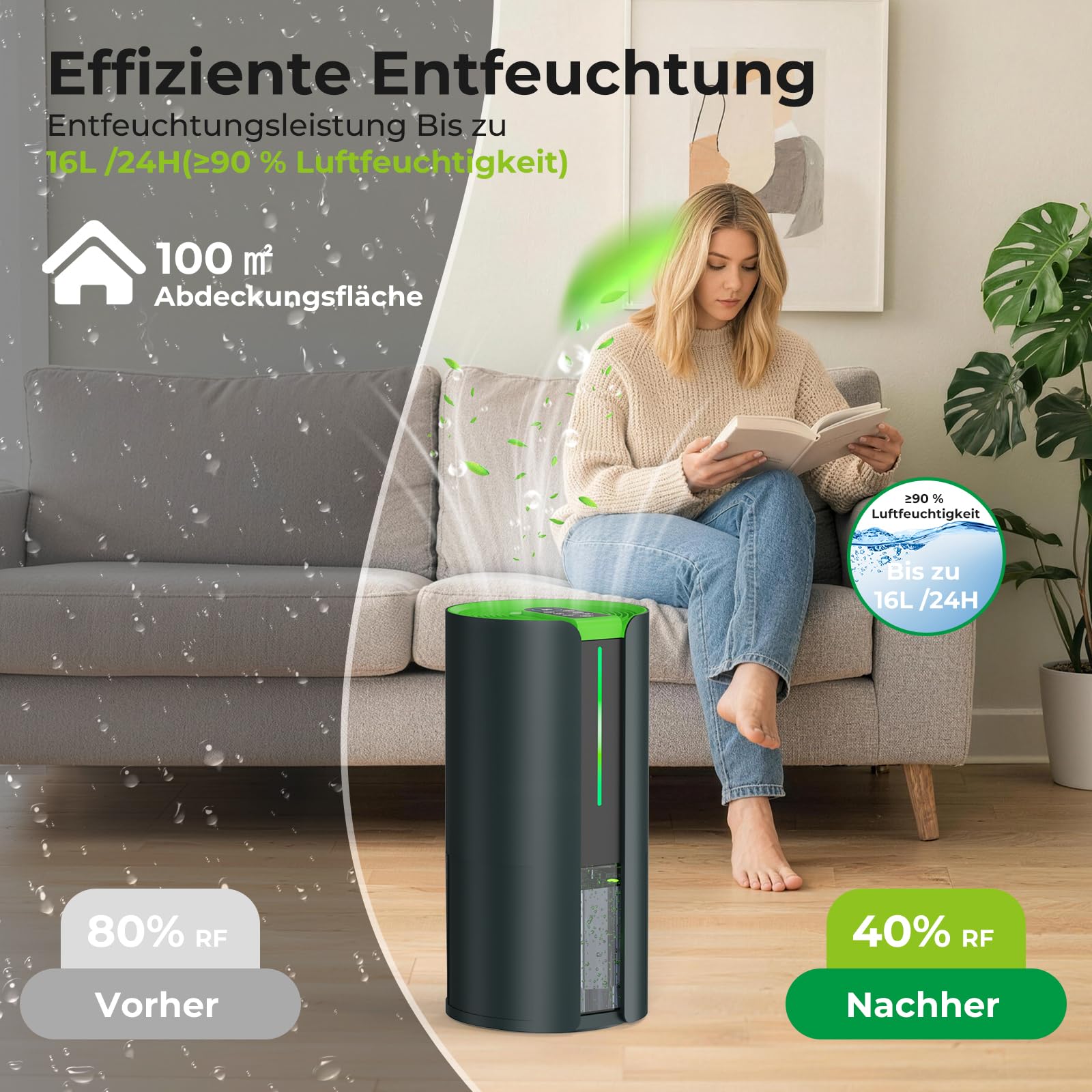 Evaporative Luftentfeuchter 16L/24H mit Waschetrockner & Luftreiniger, Funktioniert auch bei -15°C, mit Ablaufschlauch, 100m² Abdeckung für Keller, Bad, Schlafzimmer, Küche