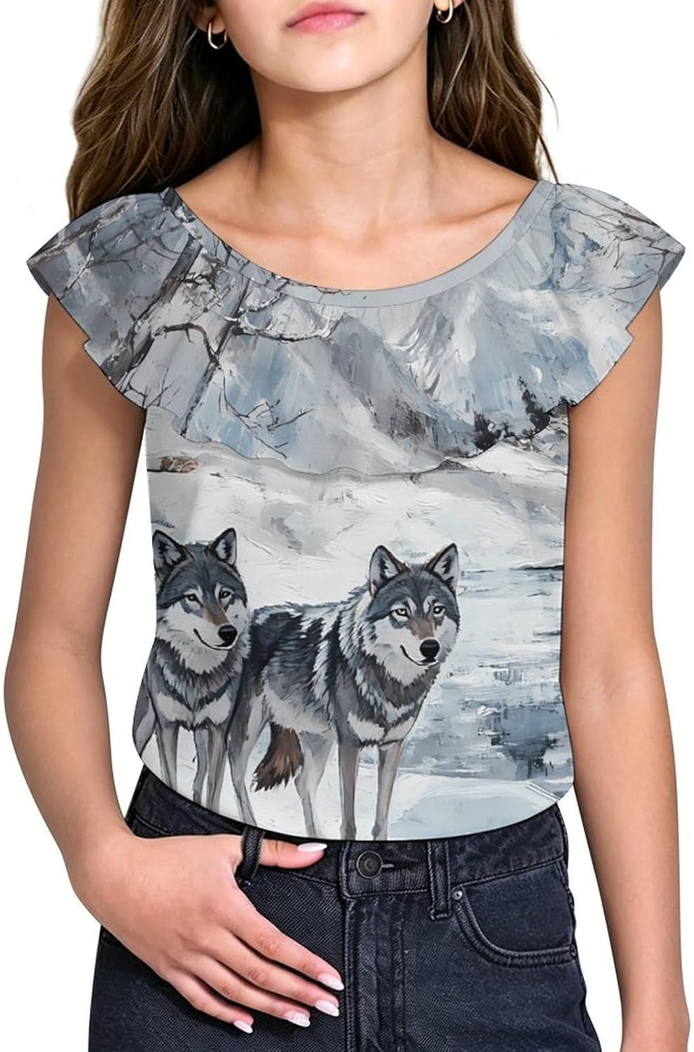 Wolf Wolves By The Stream Girls T-Shirts Top Ruffle Short Sleeve Blouse Casual Graphic Tees