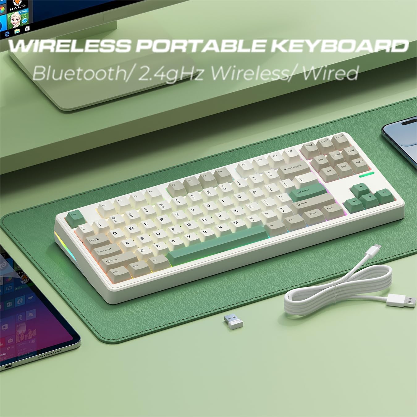 Linky 87 PRO Wireless Mechanical Keyboard,Tri-Mode BT5.0/2.4GHz/USB-C Hot Swappable Custom Keyboard, Linear Switches,RGB Backlit Computer Gaming Keyboards for PC/Tablet/PS/Xbox (Timber Green)