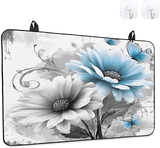Stove Top Covers for Electric Stove, Blue Grey Spring Floral Glass Stovetop Cover Protector, Summer Botanical Flowers Butterfly Induction Cooktop Protector Oven Mat for Kitchen Countertop 36x21 Inches