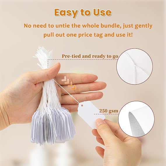 1000 PCS White Price Tags with String Attached, 1.75 x 1.1 Inches | Goefun Writable Label Strung Marking Tags for Pricing, Hanging, Clothing, Jewelry, Garage/Yard Sale, 250 GSM