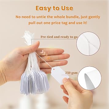 1000 PCS White Price Tags with String Attached, 1.75 x 1.1 Inches | Goefun Writable Label Strung Marking Tags for Pricing, Hanging, Clothing, Jewelry, Garage/Yard Sale, 250 GSM