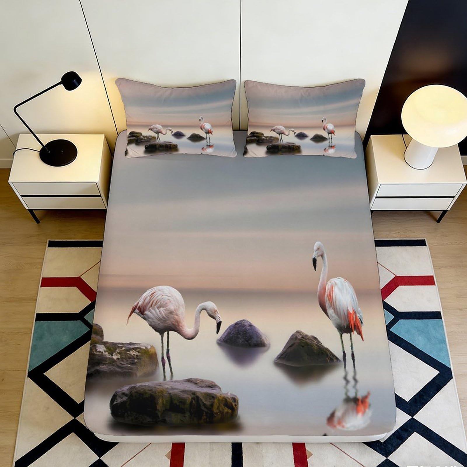 3D Printed Flamingo Lake Fitted Sheet Microfiber Soft Anti-Slip Bed Cover for Bedroom Guest Room Decoration 90x200x25cm