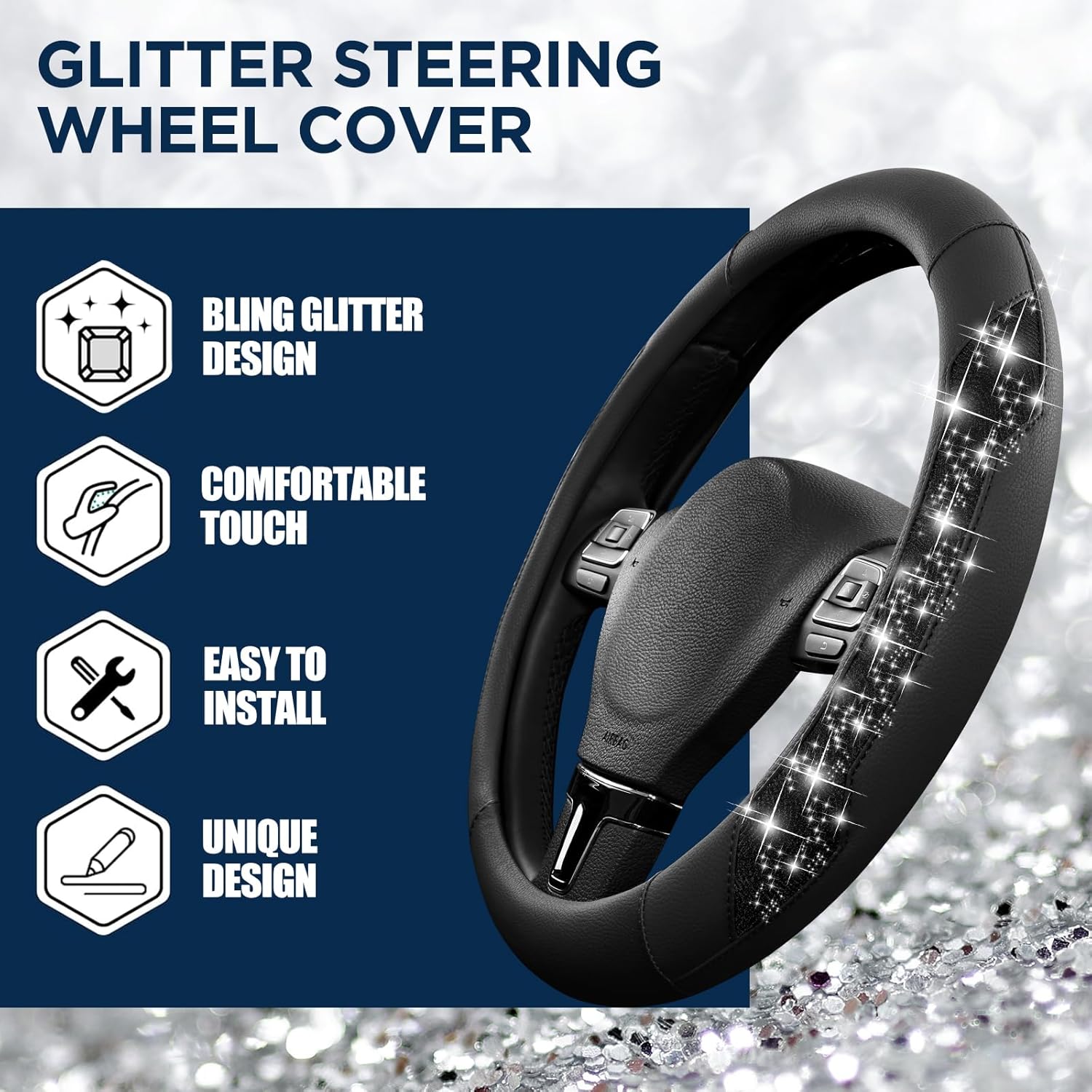 PIC AUTO Steering Wheel Cover, Black Sparkly Crystal Bling Glitter with Leather, Universal Fit 14.5"-15.5" Car Steering Wheels for Girls & Women, Anti-Slip Wheels Cover for Cars, Trucks, Van, SUVs - Image 4