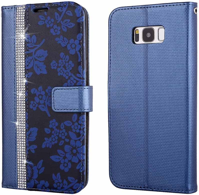 COOSTOREEU Galaxy S8 Plus Case, Bling Glitter Diamond and Fresh Flower Pattern PU Leather Flip Wallet Case, Blue