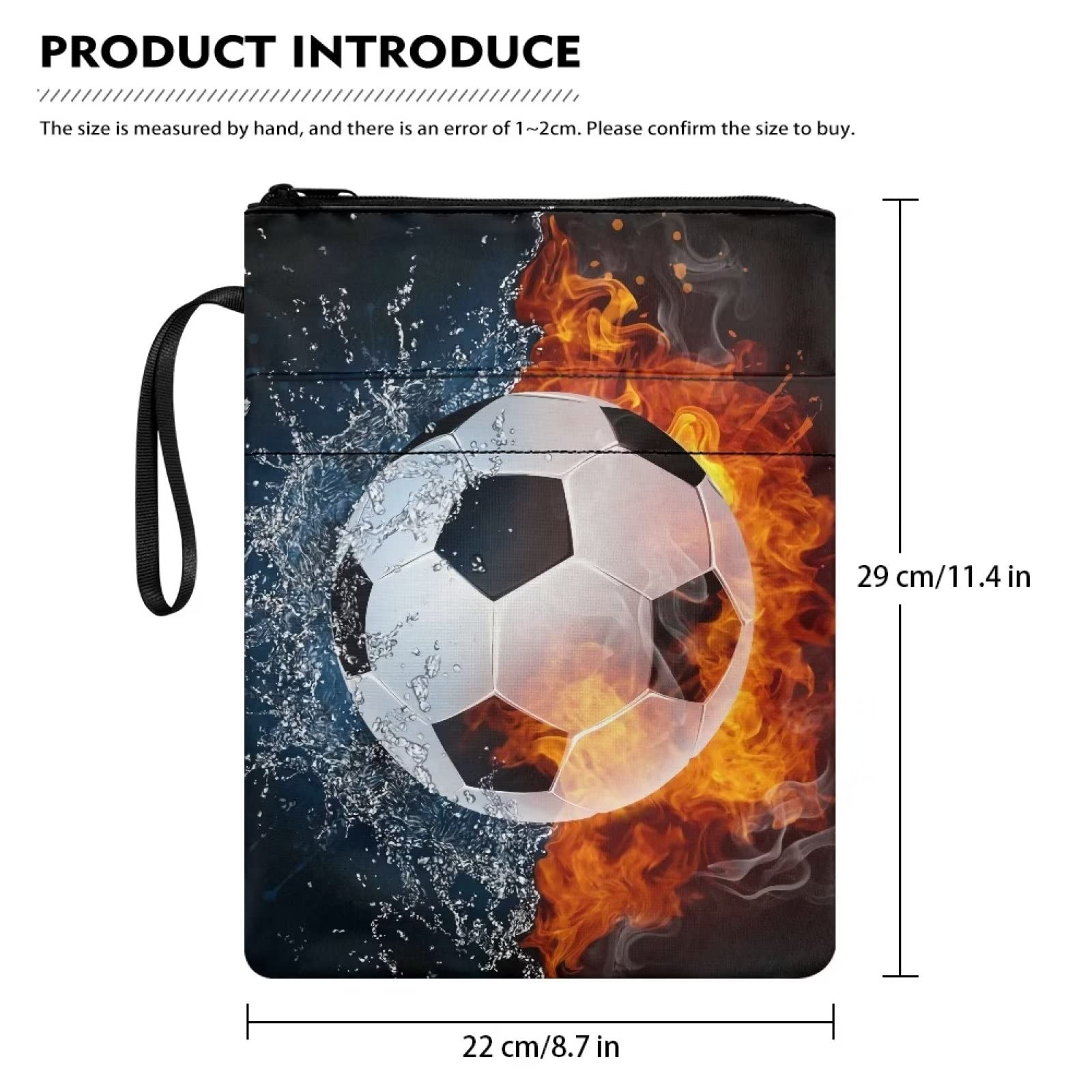 Poceacles Soccer Water Fire Design etui na książki na okładki w miękkiej okładce, etui ochronne na książki z zamkiem błyskawicznym, nadające się do prania rękawy z tkaniny poliestrowej
