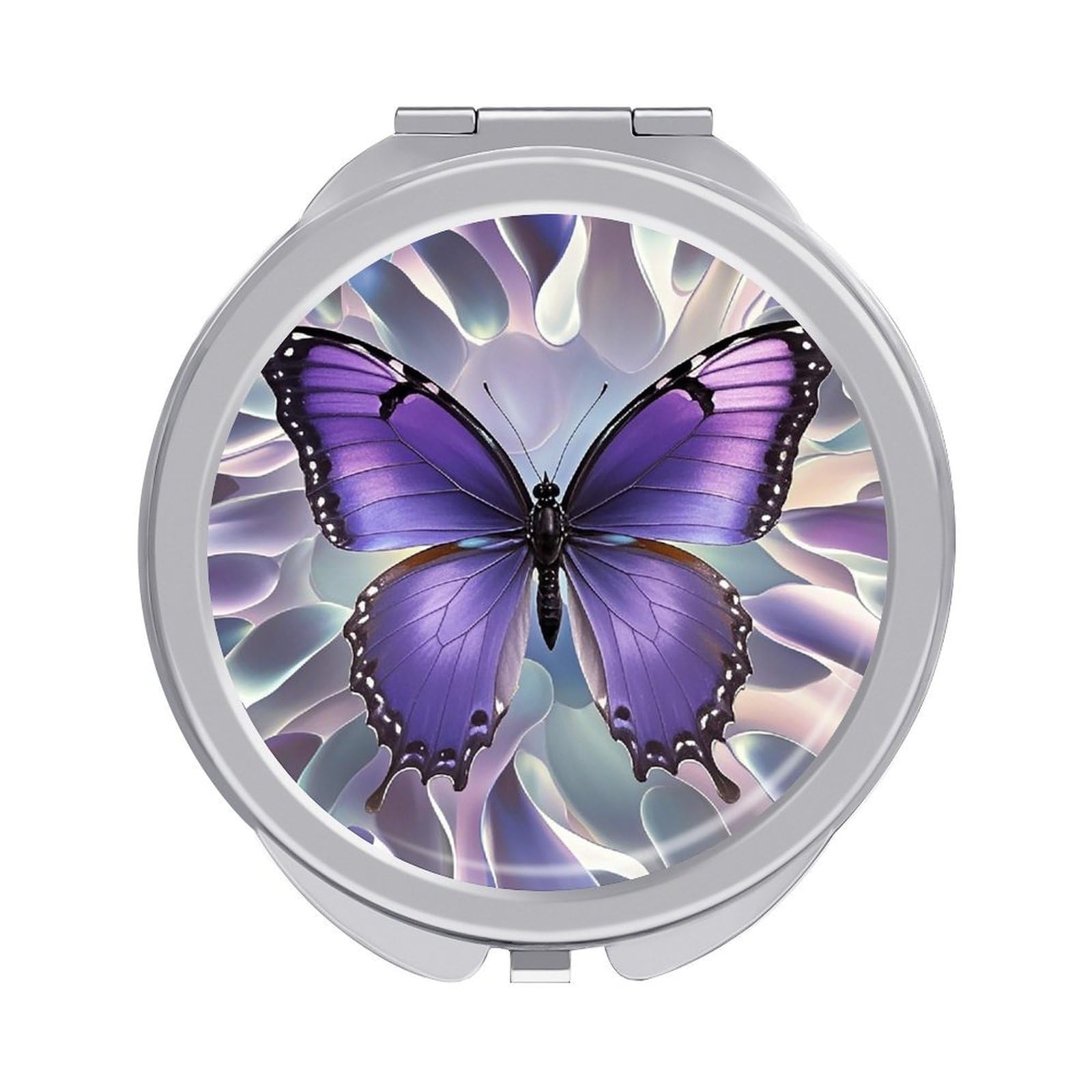 FekiLoot Beautiful Purple Butterfly Art Travel Makeup Mirror for Women Folding Portable Hand Compact Mirrors Small Round Vanity Mirror 1X/2X Magnifying Metal Pocket Makeup Mirrors