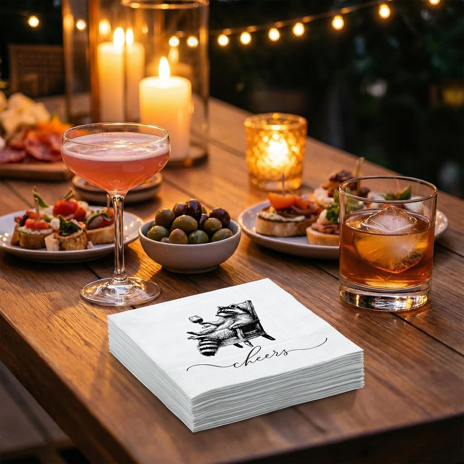 RUSPEPA 50 Pcs Funny Raccoon Paper Napkins, Black "Cheers" Wine Glass Raccoon Design, Vintage Sketch Disposable Cocktail Napkins for Party, Drinks, Celebrations, Gatherings, Table Decor, 5 x 5 Inch