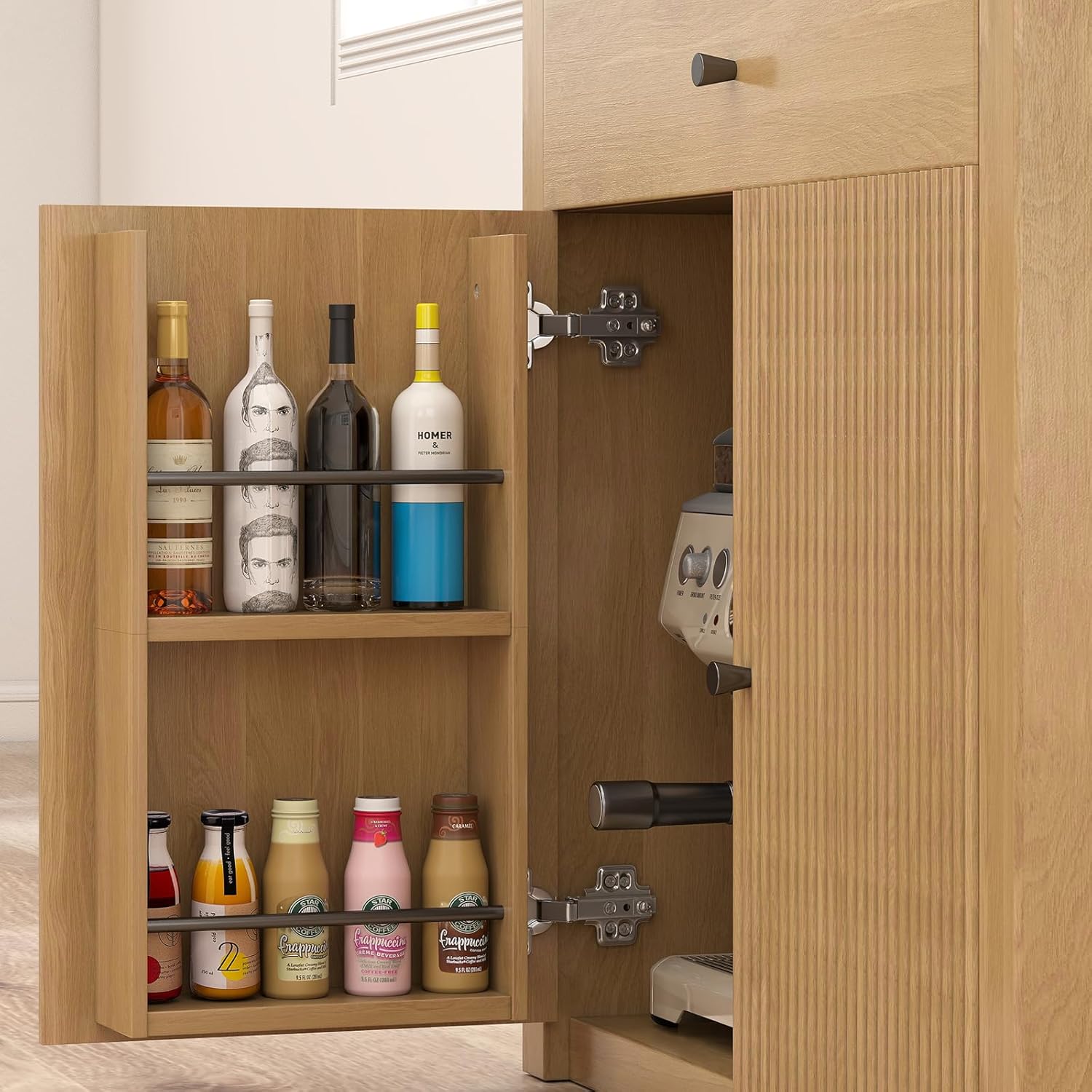 SIDUCAL 71" Tall Arched Pantry Cabinet with Acrylic and Fluted Doors, Wooden Arched Kitchen Pantry Cabinet with Adjustable Shelves for Living Room or Bathroom Storage, Natural