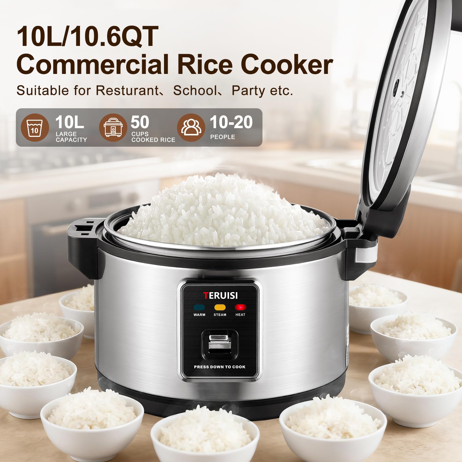 Arrocera comercial de 10 L, 50 tazas, cocina eléctrica de cocción rápida con autoservicio caliente, olla interior antiadherente para uso de 10 a 20 personas