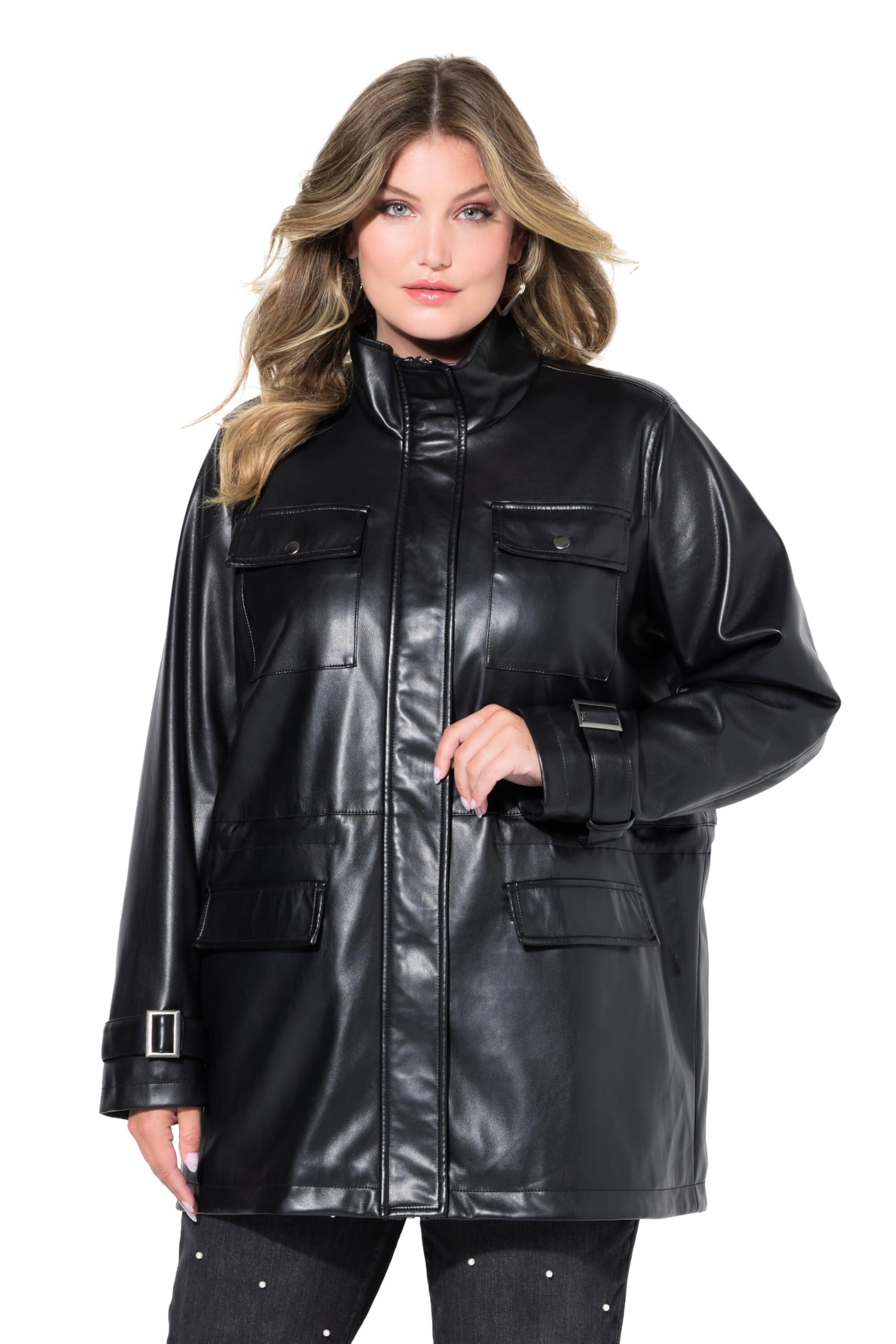 MIAMODA Damen große Größen Übergrößen Plus Size Jacke, Lederoptik, Tunnelzug in der Taille 834980