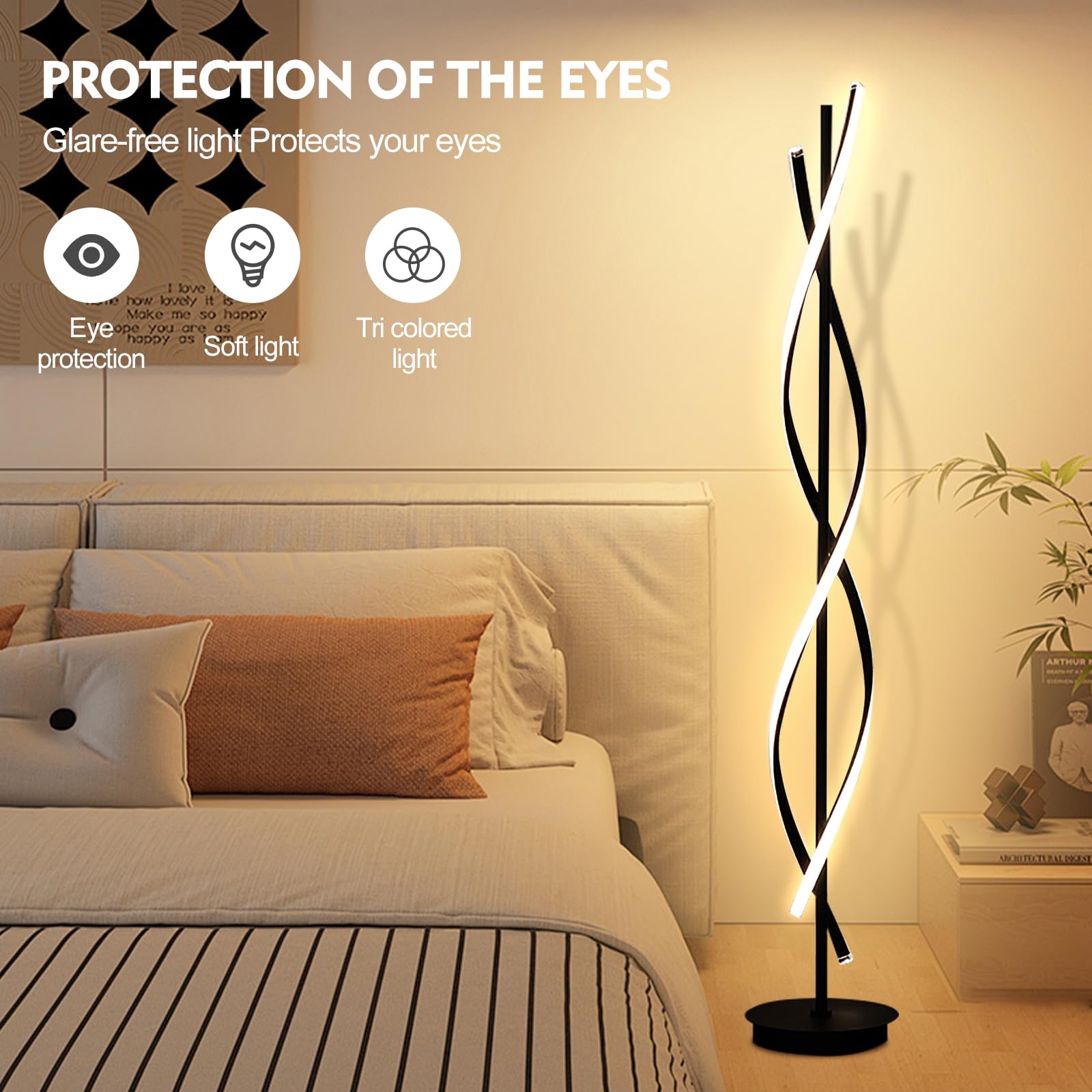 LED Stehlampe Wohnzimmer Dimmbar,LED Spirale Modern 155cm Schwarz mit Fernbedienung - Dimmbare Stehlampe für Wohnzimmer, Schlafzimmer & Kinderzimmer