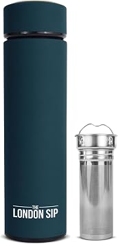 London Sip Multi-Purpose Tea Infuser Travel Mug and Tumbler Fruit Infuser Flask Hot and Cold Double Wall Stainless Steel Thermos with Extra-Long Infuser, Midnight Teal