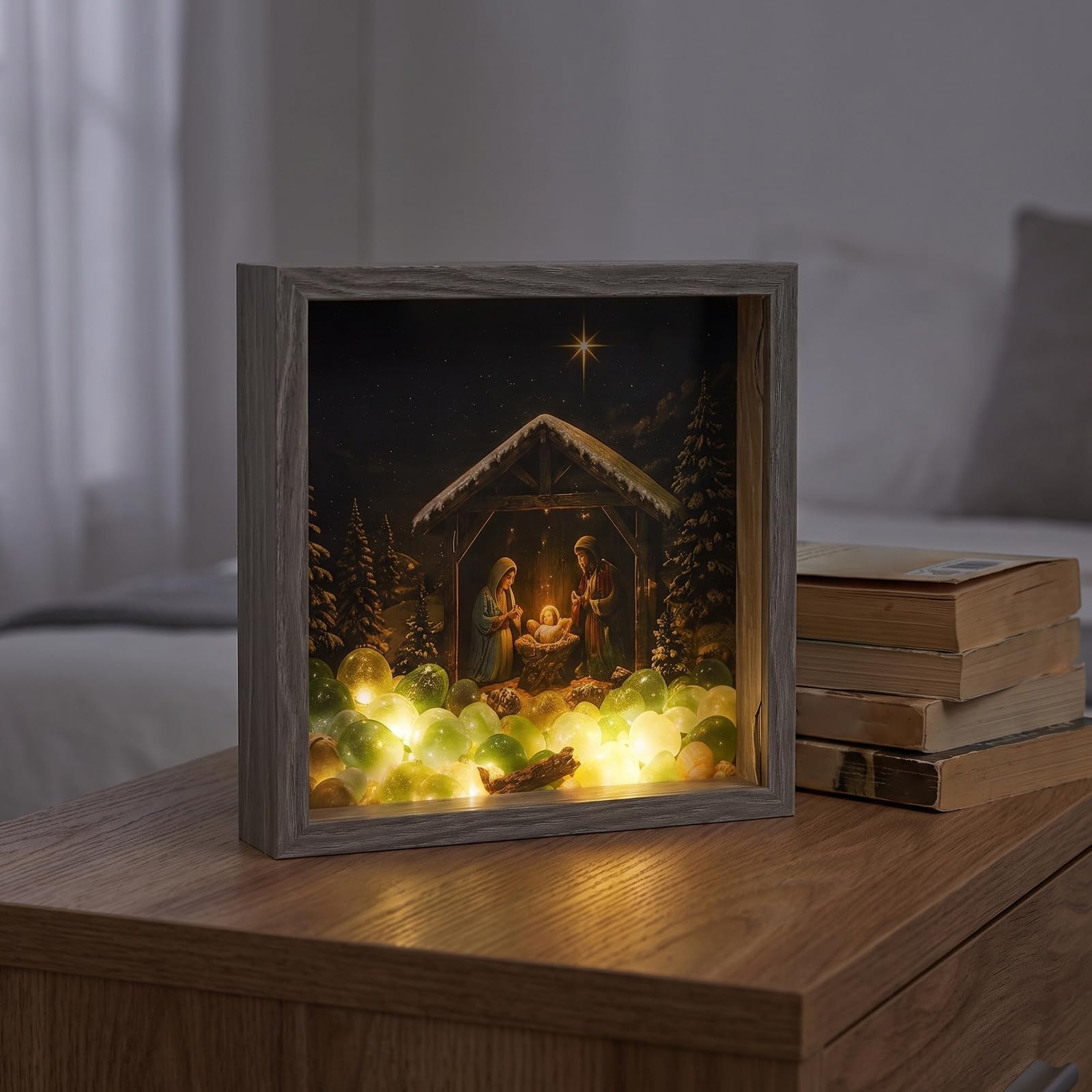 Zerodeko Caja decorativa navideña con diseño de belén: marco de fotos navideño con iluminación LED, marco de madera rústica para fotos navideñas, alimentado por USB para mesa, repisa o chimenea,